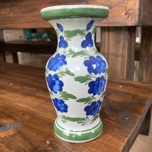 Blue Roses Pottery Vase W/Painted Blue Roses On A Vine - 6" Tall Ceramic Vase